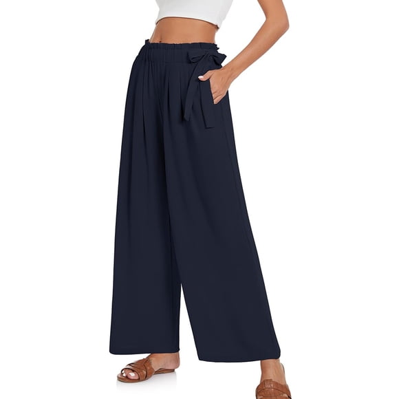MAIHAN Wide Leg Linen Pants Women Summer Loose Beach Cotton Linen Pant Vacation Lightweight Straight Leg Trouser with Pocket(Navy,L)