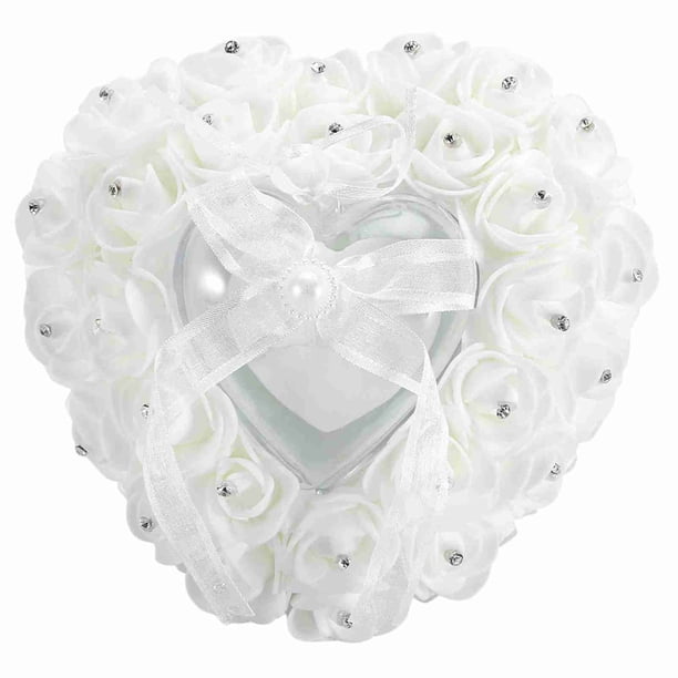 Caja romántica para anillos de boda con forma de corazón, decoración con diamantes de imitación rosas, cojín para anillos (blanco)