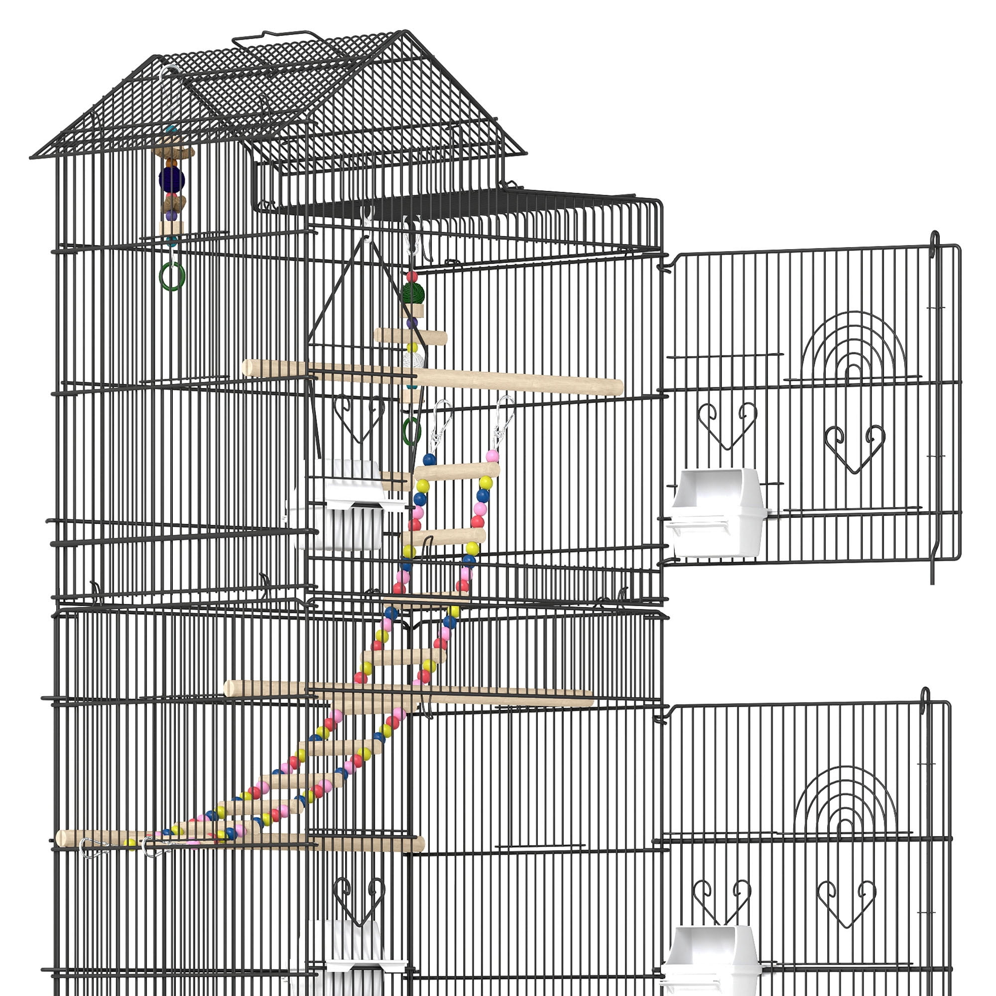 Uforic 62" Large Metal Bird cage with Rolling Stand, Slide-Out Tray,3 Perches and 4 Feeders, Black