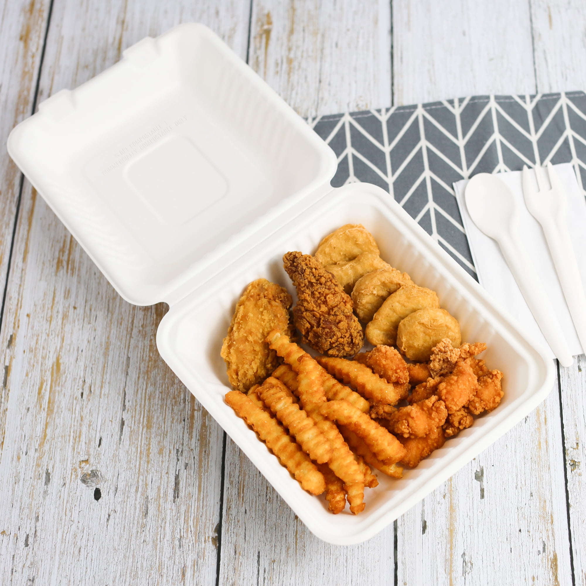 Great Value 1 Compartment Hinged Container, Compostable Bagasse, White, 12ct