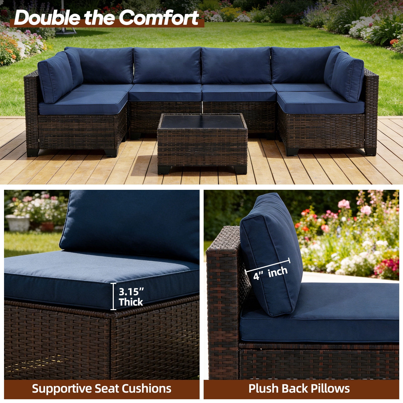 14-Piece Patio Furniture Replacement Cushion Set with Washable Covers, Waterproof Sectional Outdoor Sofa Cushions (6 Seat + 6 Back + 2 Armrest), 4" High-Density Foam with Anti-Slip Base, Blue