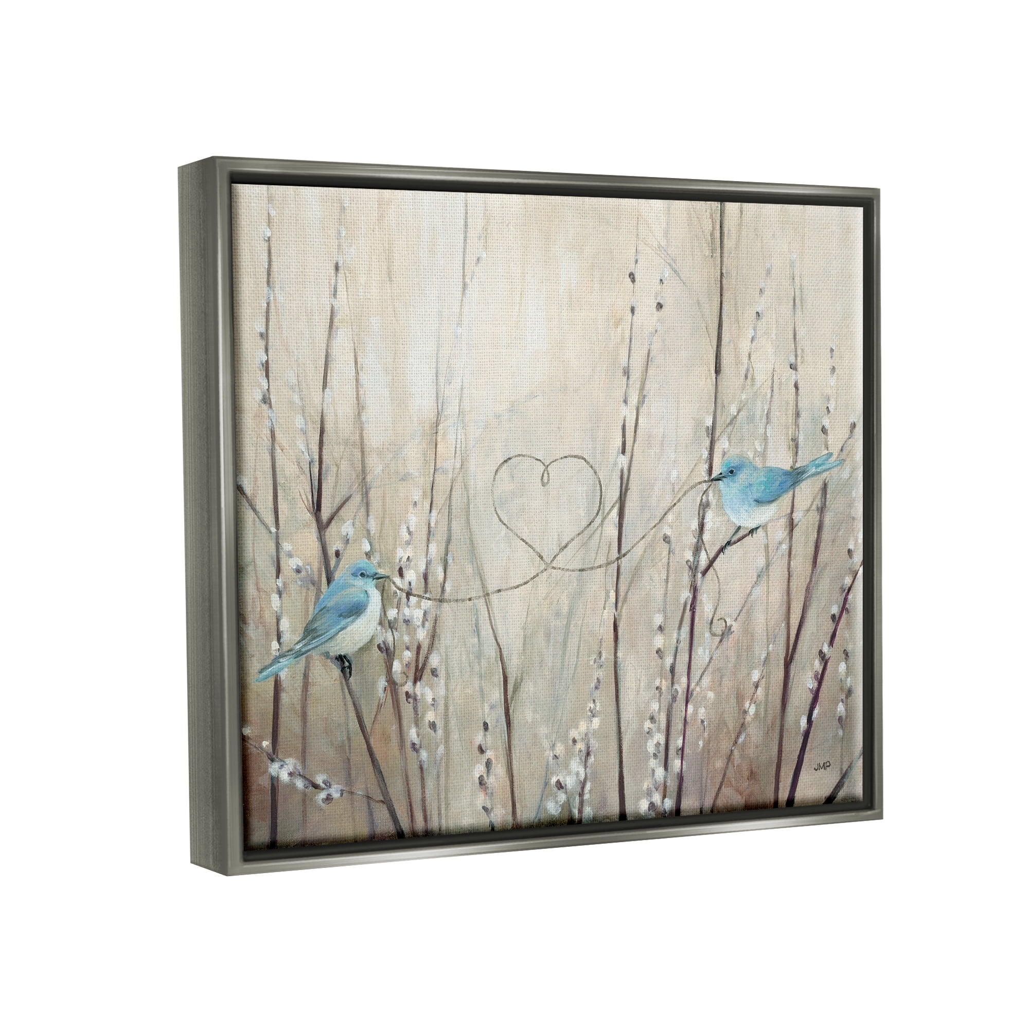 Stupell Industries Love Birds Heart Shape Animals & Insects Painting Gray Floater Framed Art Print Wall Art, 21 x 17