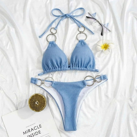 Halter Bikini Swimsuits for Women Ribbed Bathing Suits Strappy Bikini Top Thong Bottoms Two Piece Swimwear