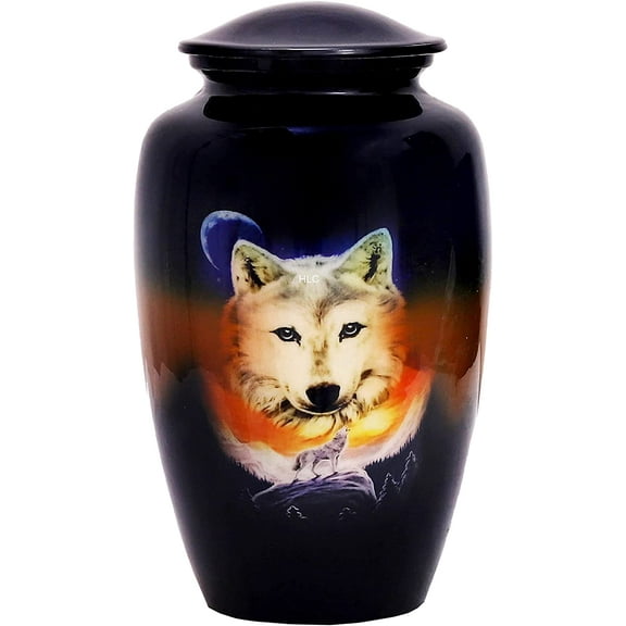 RUZIOON Lovely Wolf Blue Cremation Urn for Human Ashes - Adult Funeral Urn Handcrafted - Affordable Urn for Ashes (Adult (200 lbs) – 10.5 x 6 “, Lovely Wolf Blue Cremation Urn)