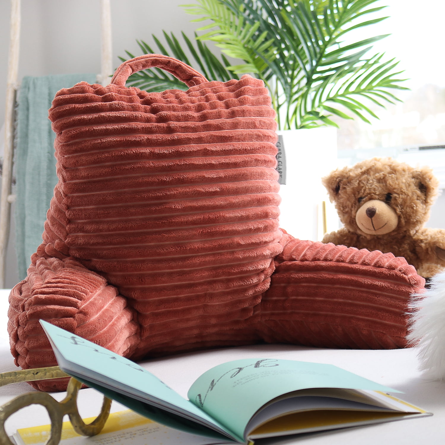 Clara Clark Cut Plush Striped Reading Pillow for Kids & Teens, Small Back Pillow, Back Support Pillow, Shredded Memory Foam Bed Rest Pillow with Arms, Misty Rose