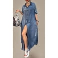 thumbnail image 3 of Women's Loose Casual Button Down Denim Shirt Dress Letter Print Short Sleeve Jean Maxi Dress with Pockets, 3 of 5