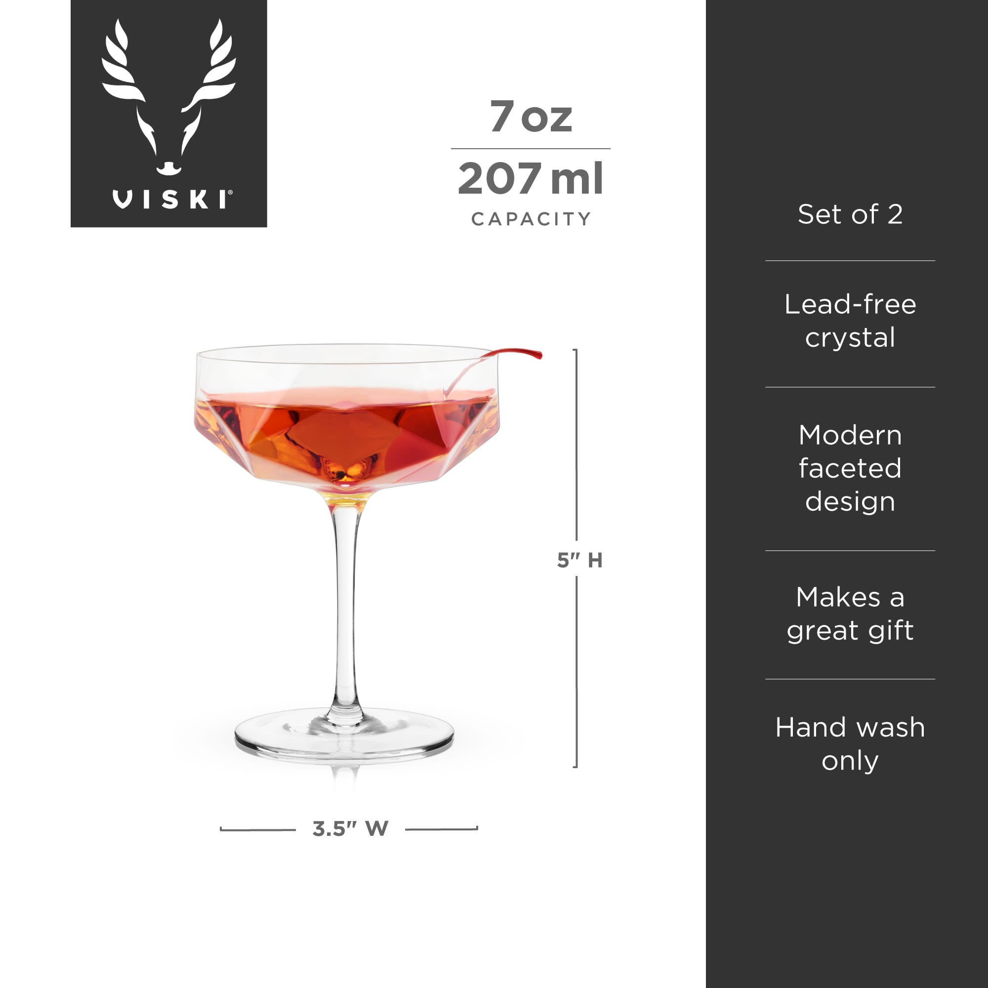 Viski Faceted Coupes - Modern Stemmed Champagne Coupe Cocktail Glasses, Set of 2 - image 5 of 10
