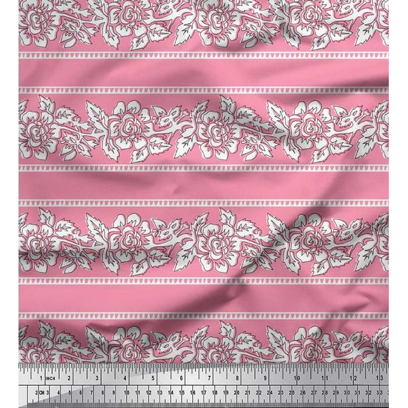 Soimoi Rayon Crepe Fabric Leaves & Floral Block Printed Fabric 1 Yard 46 Inch Wide