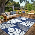thumbnail image 2 of Garvee 8'x10' Outdoor Rug Waterproof Plastic Straw Rug, Modern Tropical Leaf Woven Carpet UV-Resistant Reversible Mat for Patio RV Deck Beach Porch, Dark Blue, 2 of 6