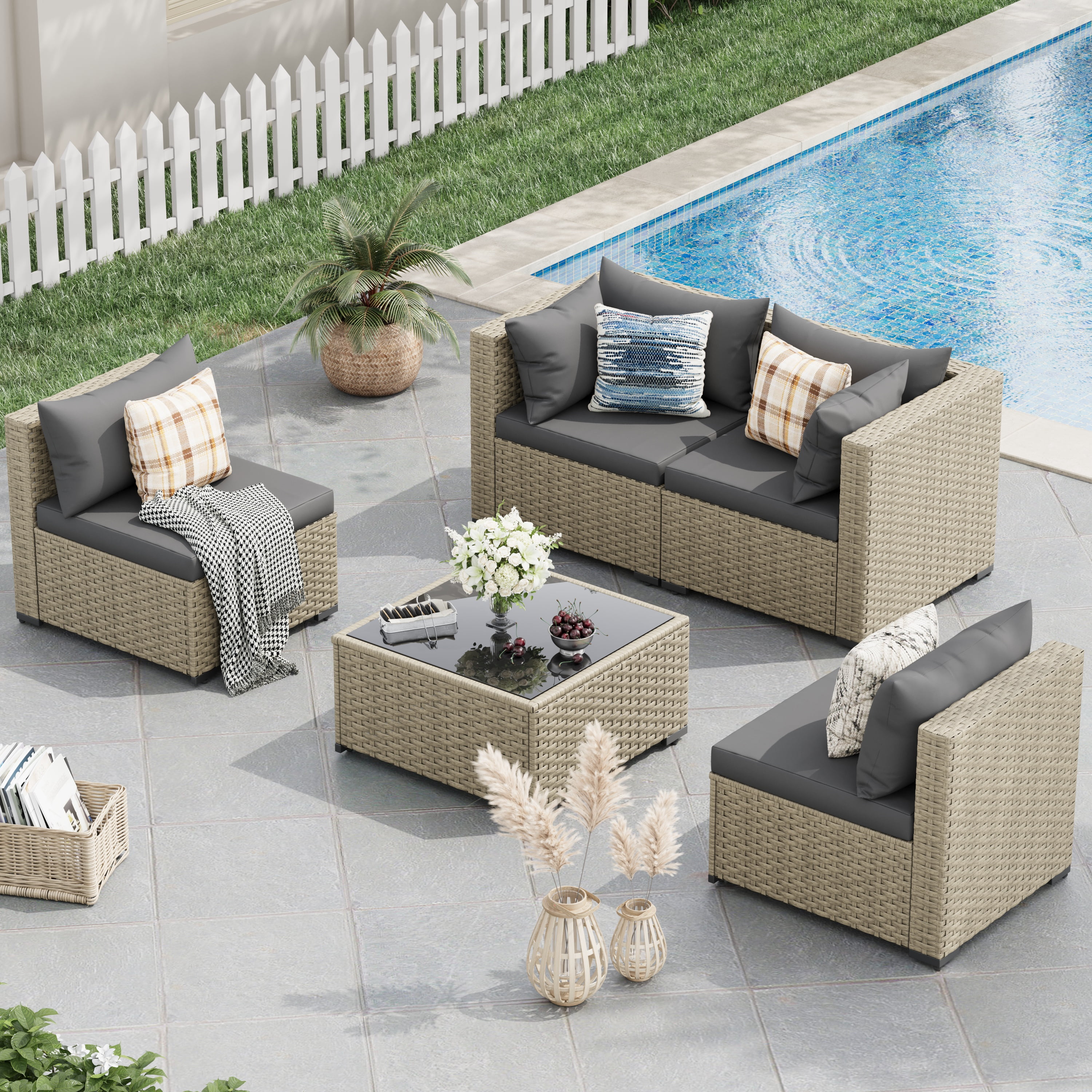 POTEBAN 5 Pieces Outdoor Patio Furniture Set, Outdoor Wicker Patio Conversation Set with Cushions for Backyard, Porch, Garden(Gray)