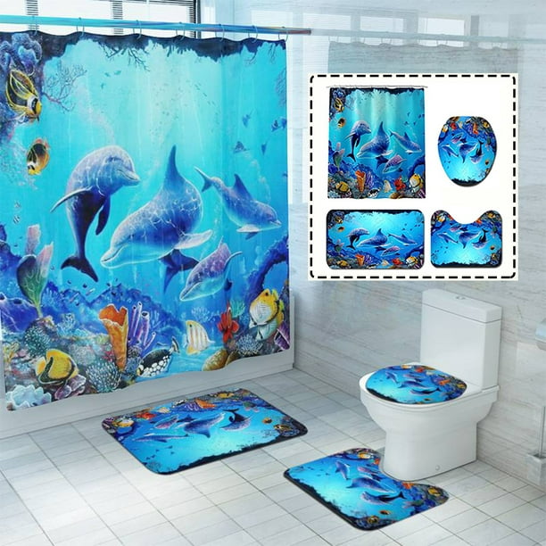 4Piece Ocean Bathroom Shower Curtain Set Dolphin Themed Bathroom Decor