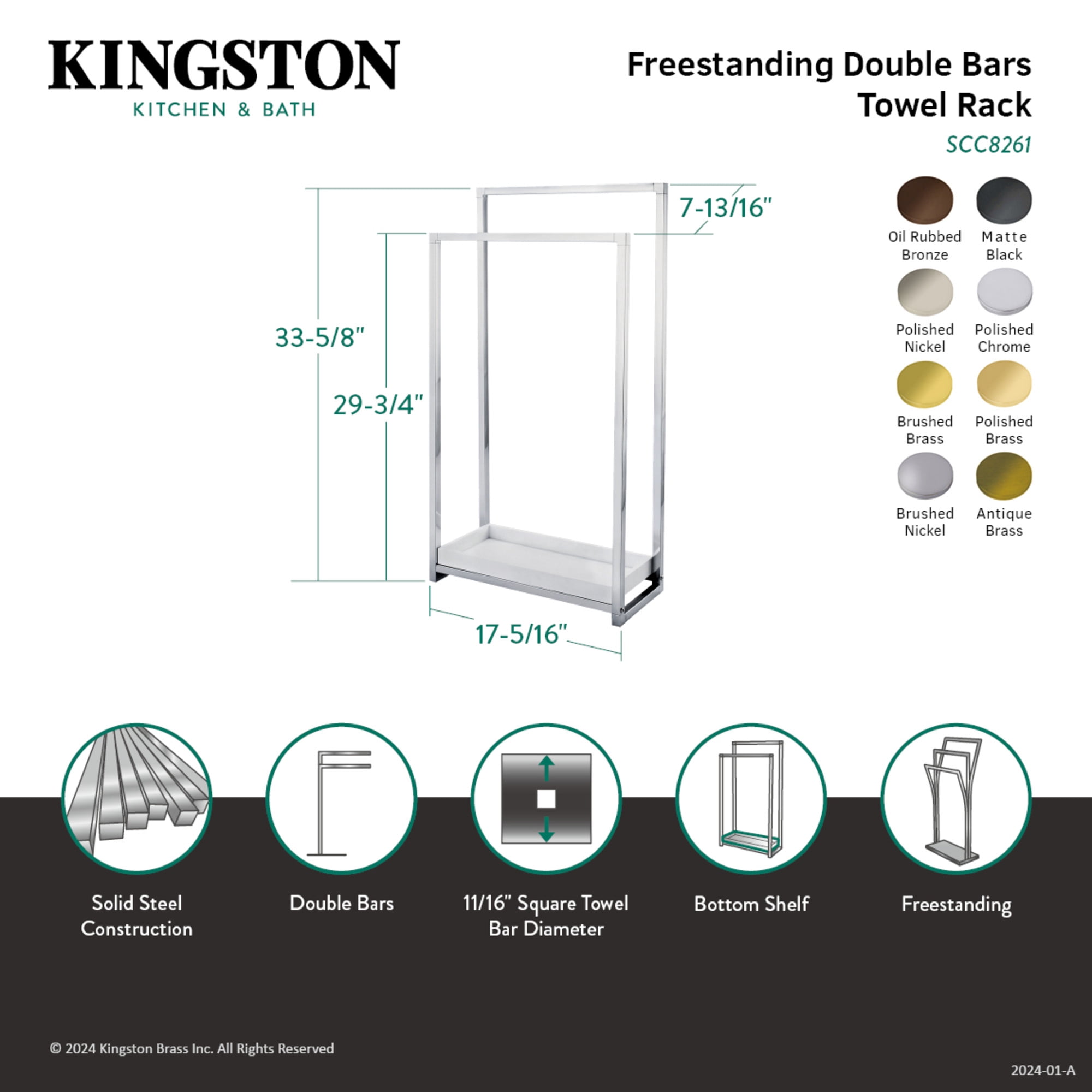 Kingston Brass SCC8268 Edenscape 33-5/8 Inch Freestanding Pedestal 2-Tier Towel Rack with Wooden Shelf in Brushed Nickel