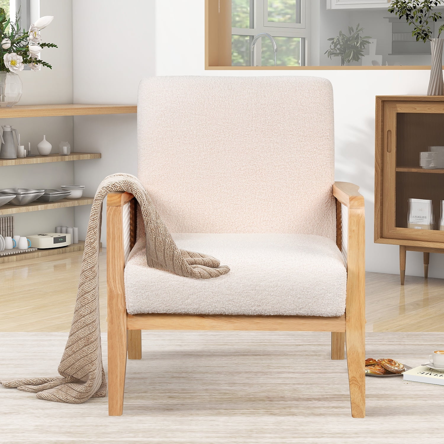 Kadyn Rattan Mesh Upholstered Accent Chair, Mid-Century Armchair for Living Room, Altay Velvet Armchair with Solid Wood Frame, White Kadyn Rattan Mesh Upholstered Accent Chair, Mid-Century Armchair for Living Room, Altay Velvet Armchair with Solid Wood Frame, White