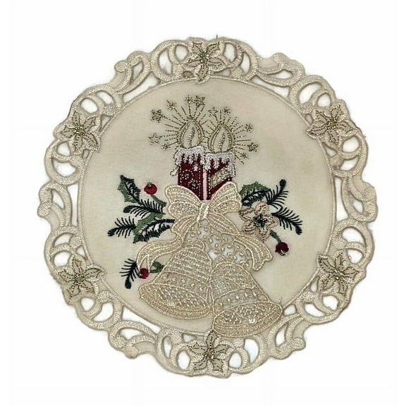 Doily Boutique Round Doily with Red Christmas Candles and Lace Bells on Fabric Size 11 inches