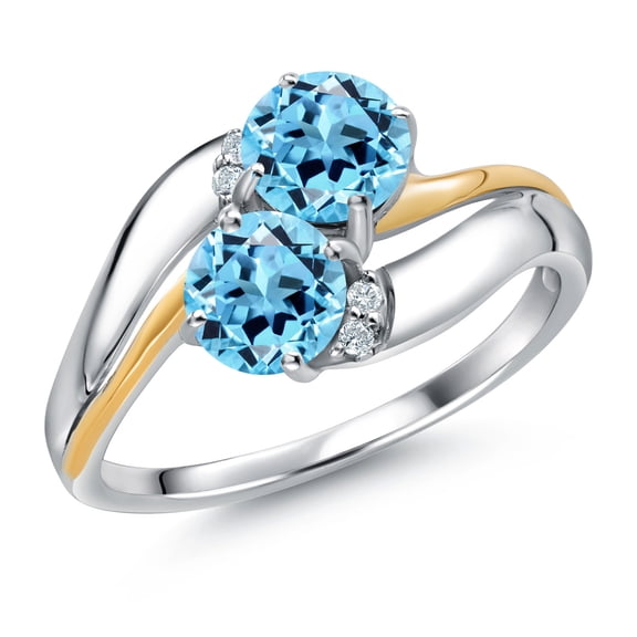 Gem Stone King 925 Sterling Silver and 10K Yellow Gold Swiss Blue Topaz 5MM Round 2 Stone and White Lab Grown Diamond Accent Ring for Women (1.33 Cttw, Gemstone November Birthstone, Size 9)