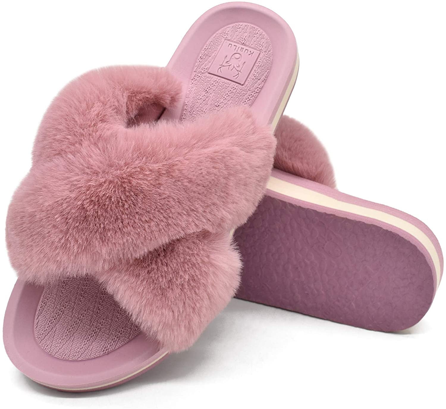 KuaiLu Womens Fluffy Faux Fur Sliders Slippers Open Toe Fuzzy Plush Cosy House Slippers Ladies with Arch Support Non-Slip Hard Rubber Sole 