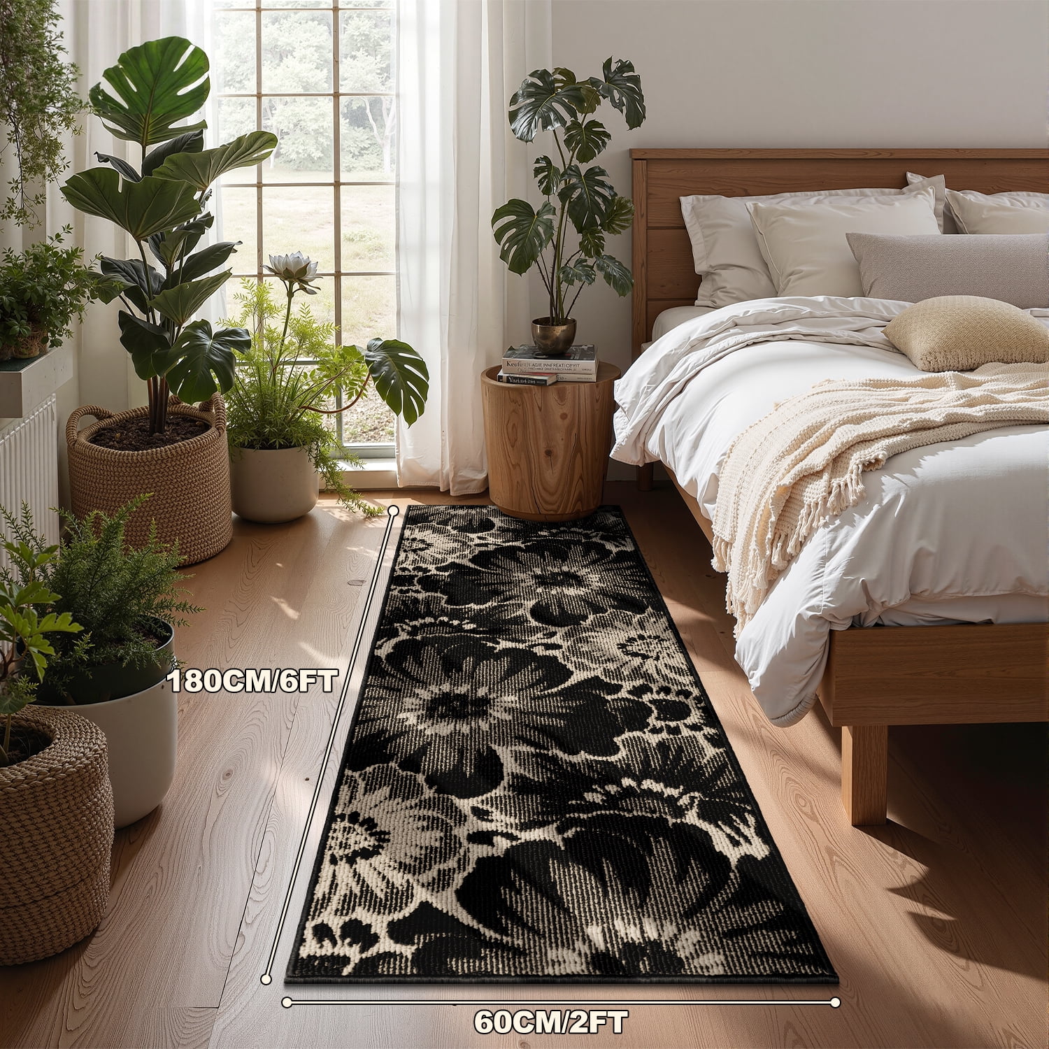 Findosom Runner Rug for Hallway 2x6 ft,Non-slip Machine Washable Runners Flower Floor Mats Low Pile Carpet Rug Runner with Rubber Backing for Entryway Doormat Bathroom Kitchen Laundry Room,Black