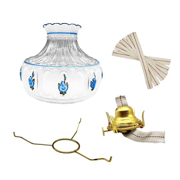 Light Of Mine 10" Tripod with Princess Feather Shade and Burner (10" Round Tripod with Blue Floral Shade, Queen Ann Burner, and 3/4" Wick Strips)