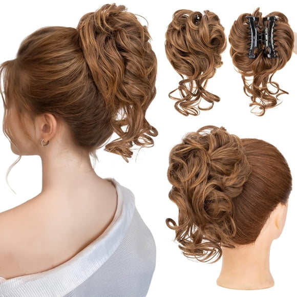 S-noilite Claw Clip Messy Bun Hair Pieces Tousled Updo Fake Hair Bun Chignon Wavy Curly Messy Bun with Clip Hair Extensions Scrunchie Clip on Bun Ponytail Hairpieces for Women(8T27#)