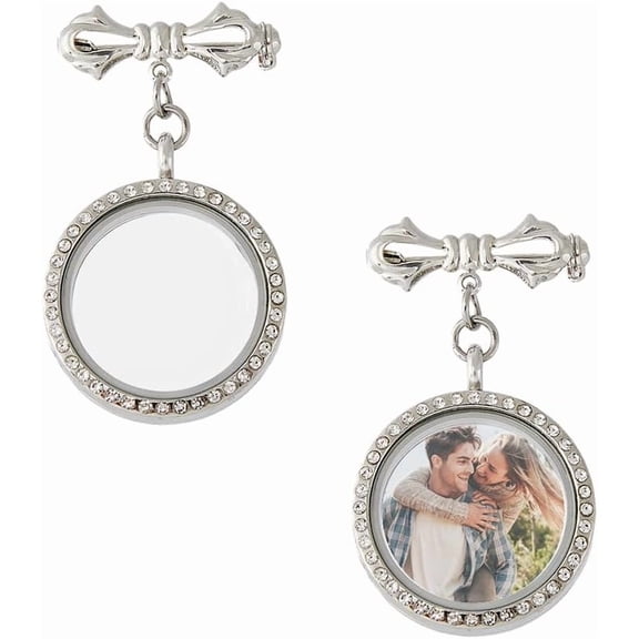 2PCS Wedding Bouquet Charm Bowknot Bouquet Photo Locket Charms Bride Flower Charm Platinum Alloy Bridal Brooches 5.3cm Long Memorial Photo Pendants Personalised Photo Charm for DIY