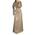 thumbnail image 4 of Cavosen Maxi Dresses for Women Cocktail Brown Satin Elegant Kimonos Long Sleeve Long Dress Party Dress Round Neck Solid Floor Length Dress Flowy Bodycon Wrap Wedding Guest Dress, 4 of 7