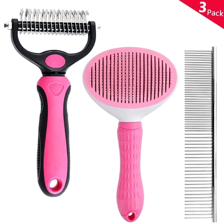 Pet Grooming Rake Deshedding Tool for Dogs and Cats Self-Cleaning Dematting Pin Slicker Brush Comb 3 Pack Pink