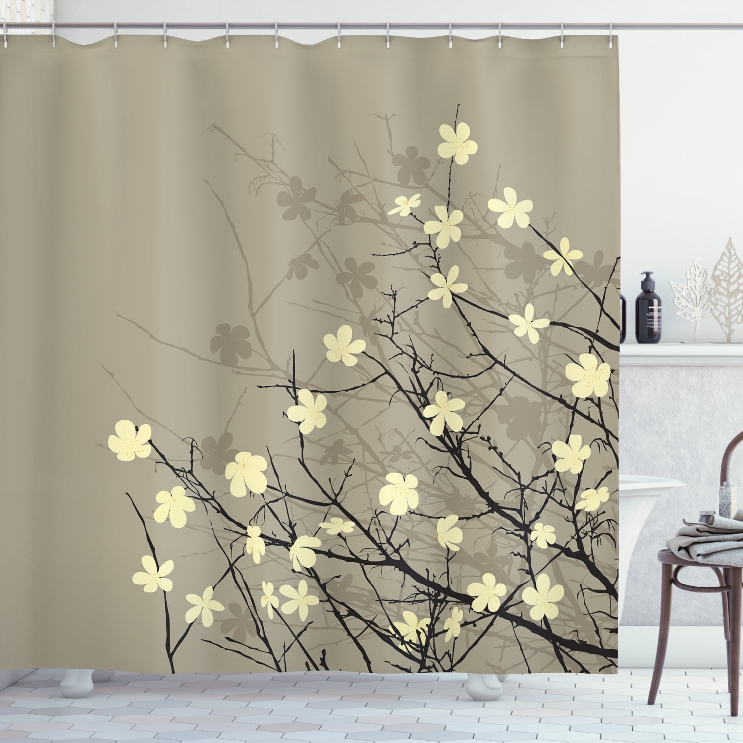 Japanese Shower Curtain, Retro Stylized Flourishing Twiggy Eastern