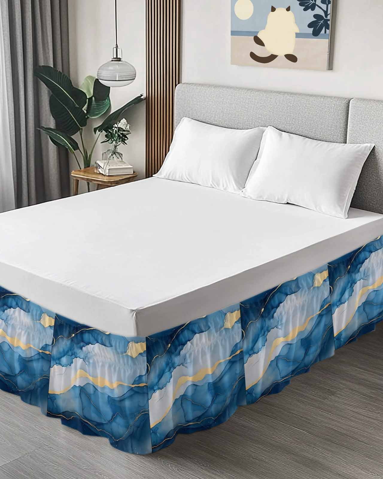 Blue Marble Wrap Around Bed Skirts for Queen Bed 16" Drop, Bed Skirt with Adjustable Elastic Belt Dust Ruffle Bed Valance for Bedroom Hotel Luxury Modern Abstract Ink Painting Bed Frame Cover