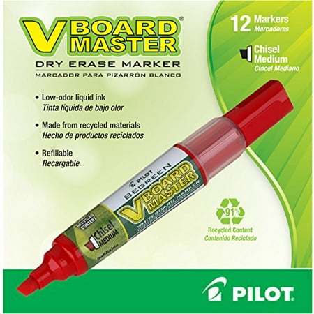 Pilot V Board Master Refillable Dry Erase Markers, Chisel Tip, Red Ink, 12-Pack