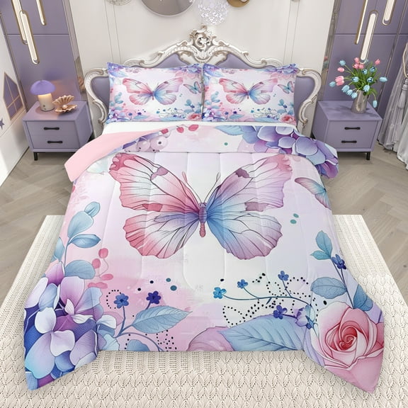 Manfei Chic Butterfly Bedding Comforter Set,Natural Botanical Leaf Twin Comforter Sets,Gradient Pink Blue Bedding Set For Girls Kids,Breathable Home Decor Reversible,2 Pieces