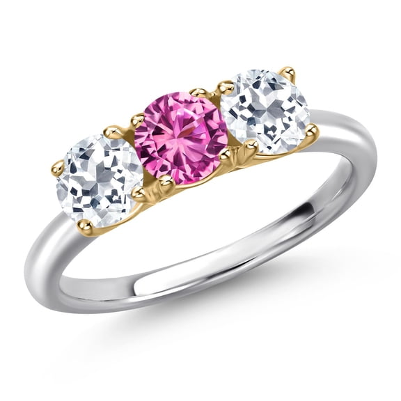 Gem Stone King 925 Silver and 10K Yellow Gold Pink Created Sapphire and White Topaz Engagement Ring for Women | 1.75 Cttw | Round 5MM | Gemstone September Birthstone | Size 6