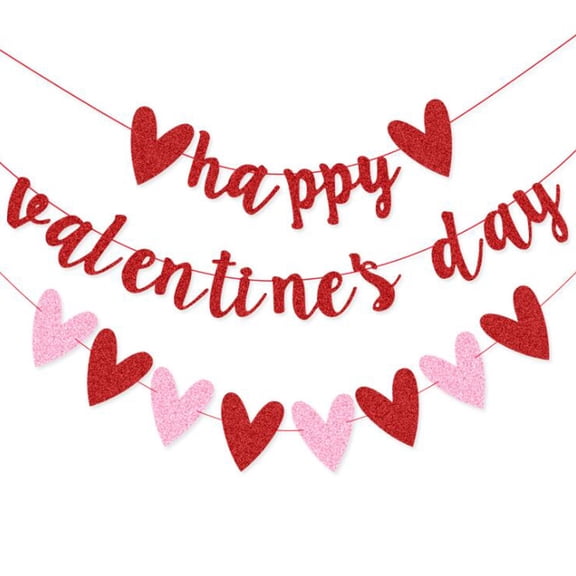 KDFWDM Valentines Day Banner Decoration, Love Banner Felt Heart Garland Red Pink Heart Banner for Valentines Day Wedding Engagement Anniversary Party Supplies