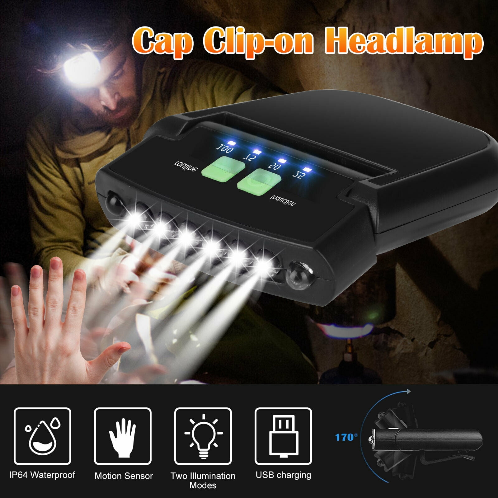 Rechargeable Cap Clip-on Head Lamp Headlight 6LED Hat Sensor Torch Light Camping