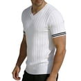 thumbnail image 4 of Men's V Neck Ribbed Knit Sweater, Breathable Striped Cuff Detail, Short Sleeve Knitwear for Business Casual Work and Smart Daily Wear, Sizes S-2XL White, 4 of 6
