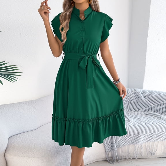Mifsaly Shirt Dress Women Button Front Cap Sleeve Summer Dresses Ruffled Hem and Belted Waist Knee Length Flowy Tiered Elegant Office Vacation Sundresses S