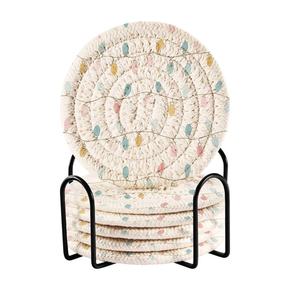 6 Pcs Drink Coasters with Holder 3.94in Woven Coasters for Drinks Minimalist Christmas Lights Pattern Coaster Set for Protection Table