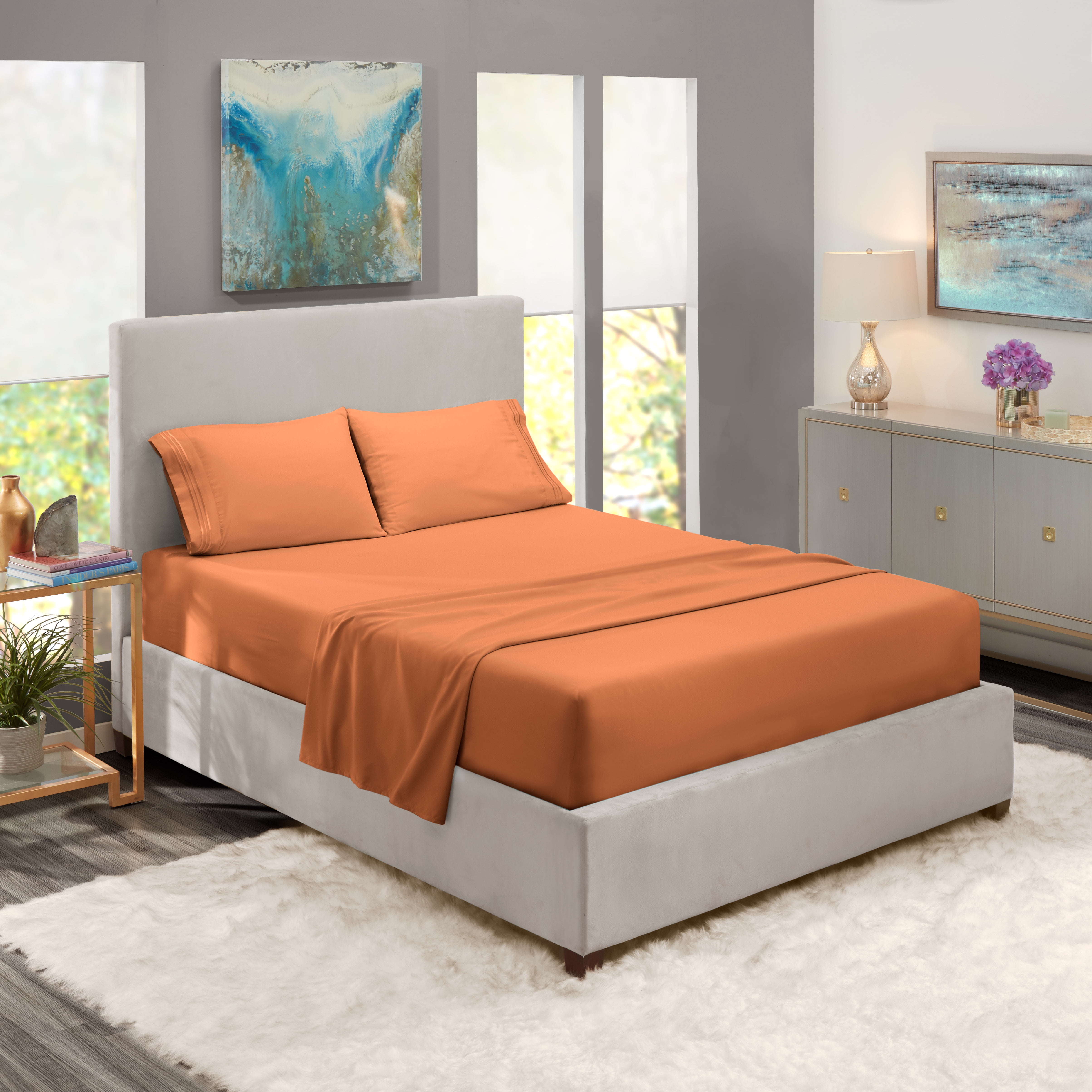 Queen Size Bed Sheets Set Rust Orange, Microfiber King Bed Sheets