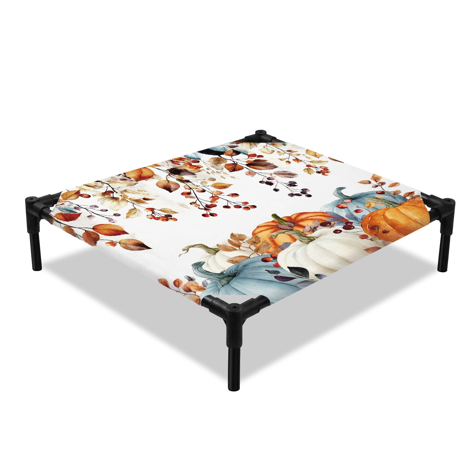 Thanksgiving Pumpkin Elevated Dog Bed Eucalyptus Leaves Farmhouse Cooling Breathable Outdoor Raised Dog Cot Bed with Metal Frame Non-Slip Feet for Small Dog 20x20in