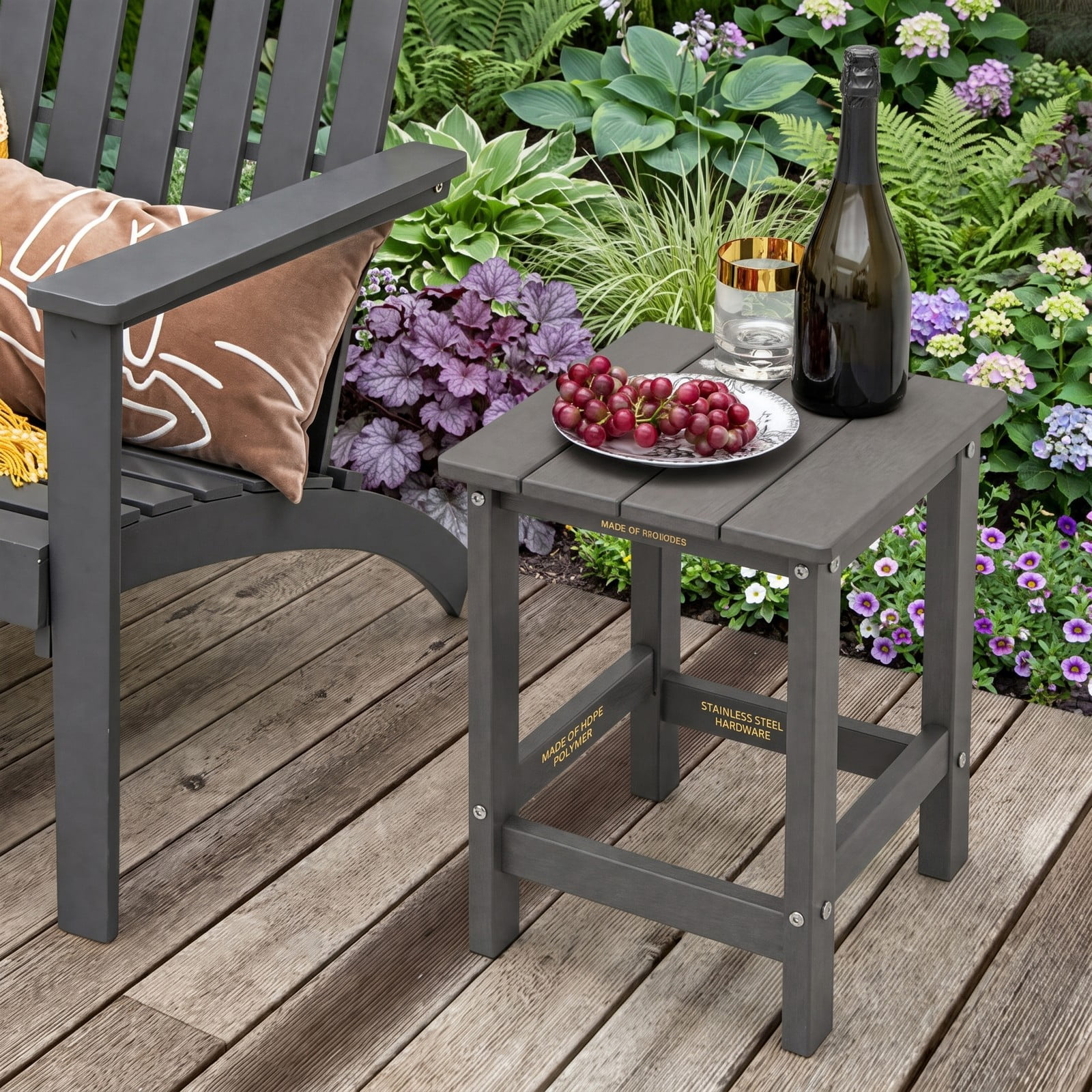 Furnibear 14 Inch Square Weather Resistant HDPE Adirondack Side Table for the Patio Porch Deck and Backyard Garden, Gray