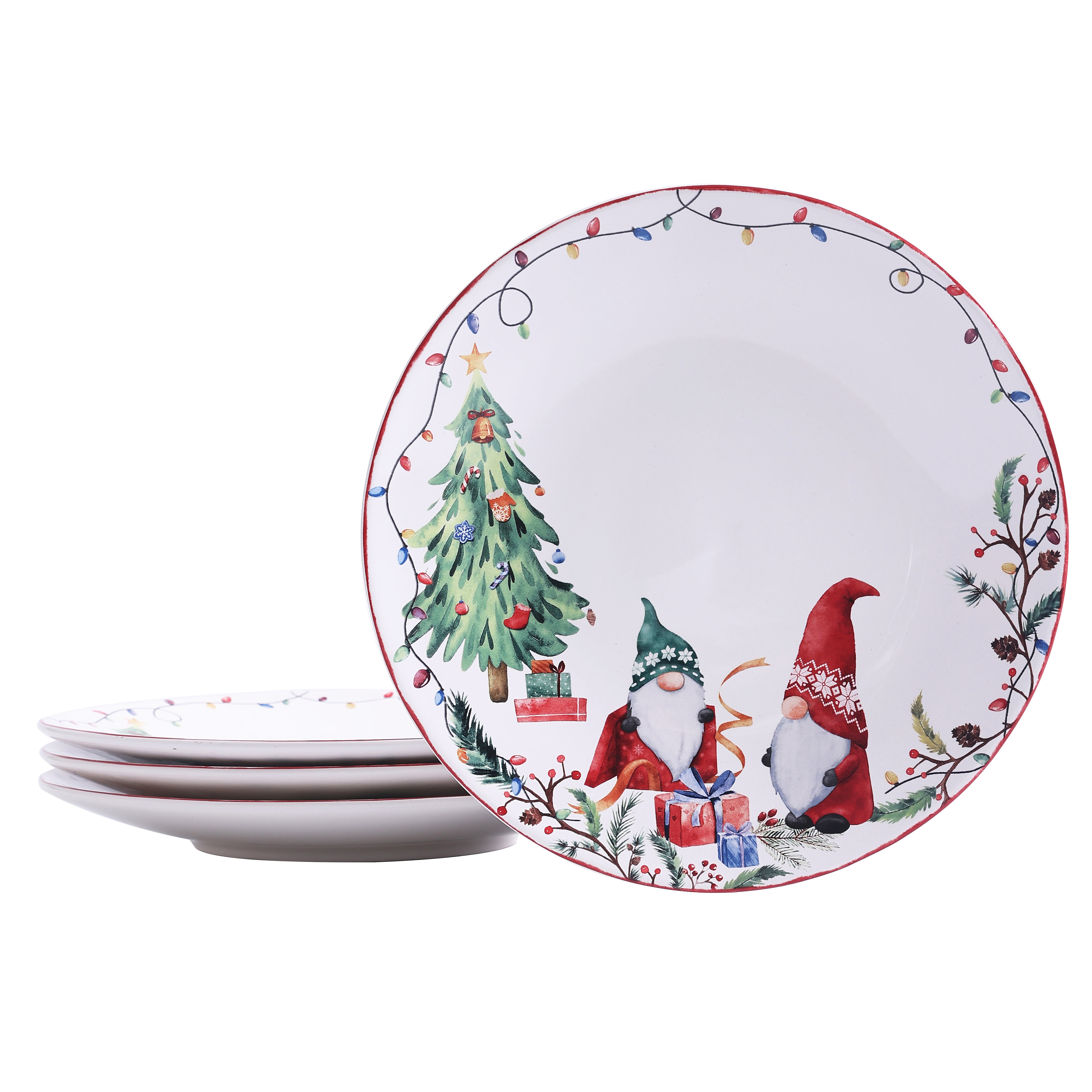 Bico Christmas Gnomes 11 inch Dinner Plates, Set of 4, for Pasta, Salad