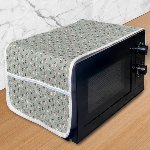 Pug Microwave Oven Cover, Dogs Various States Sitting Standing Stretching Cartoon Style Pet Drawing, Water Resistant Organizer with Pockets for Kitchen, 36" x 12", Turquoise, by Ambesonne