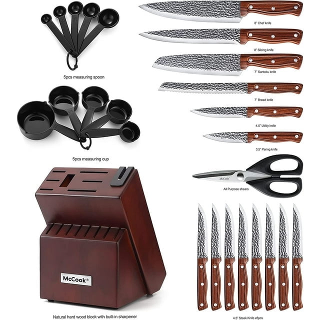 McCook MC703 White Knife Sets of 26, Stainless Steel Kitchen Knives Block  Set with Built-in Knife Sharpener,Measuring Cups and Spoons