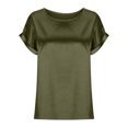 thumbnail image 3 of YYDGH Women's Elegant Round Neck Rolled Short Sleeve Satin Silk Blouse Tops Army Green XL, 3 of 5