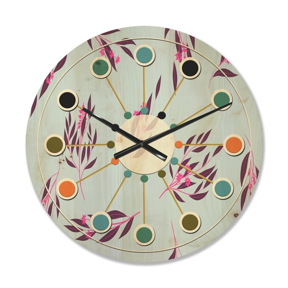 Designart 'Bright Eucalyptus Floral Retro Pattern I' Mid-Century Modern Wood Wall Clock