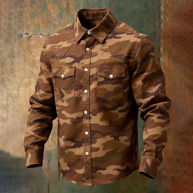 Ceisia Men's Loose Fit Vintage Jungle Camouflage Print Long Sleeve Cotton Shirt Brown XL Gifts