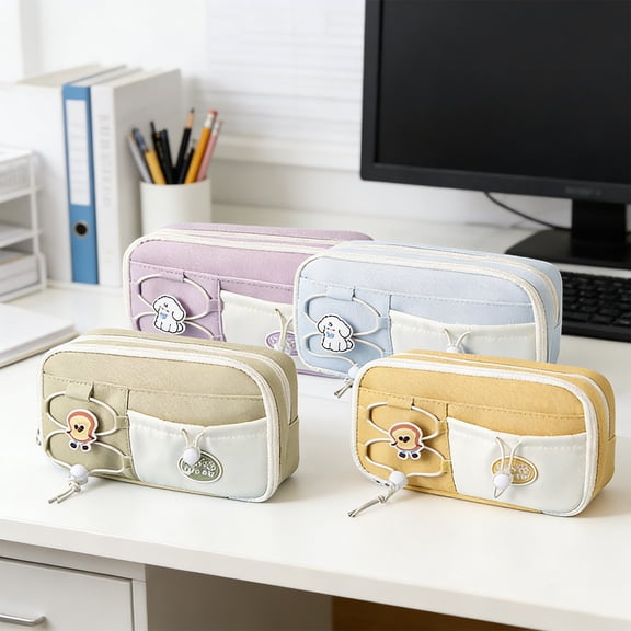 geerera Large Capacity Zipper Pouch, Cute Pencil Case with Character Patch & Rope Detail, Pen Organizer for Office, Art & Cosmetic Supplies, 8.66x4.53 Inch