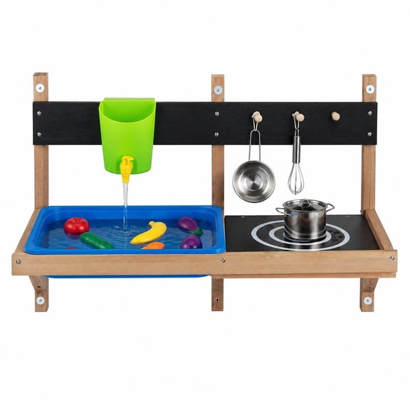 Costway Kids Wall Mounted Mud Kitchen Wooden Play Kitchen with Sink Faucet Stove Ages 3 Multicolor