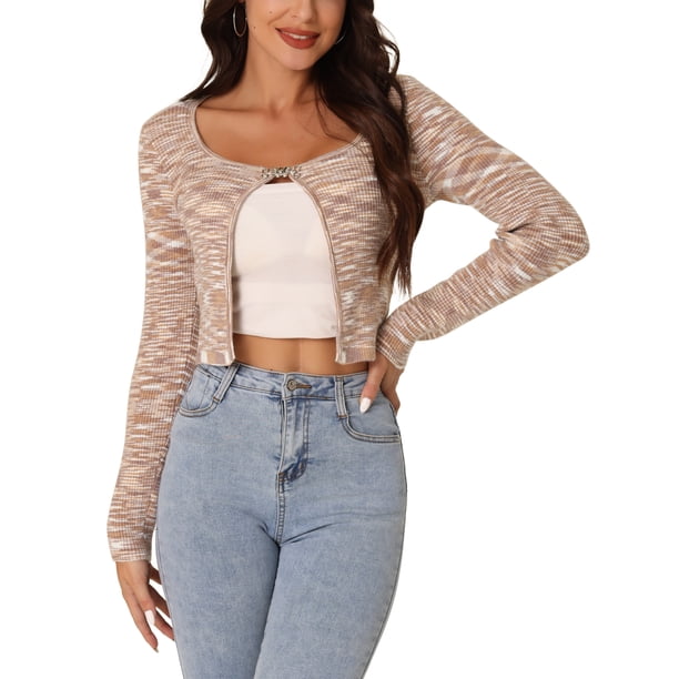 Cárdigan corto de punto con mariposa y hebilla, de manga larga y estilo casual para mujer, XL, marrón, a rayas