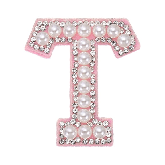 Uxcell Iron on Pearl Letter T Patches, Pearl Rhinestone A-Z Alphabet Self Adhesive Sew on Patches, Glitter Letter Applique for Clothes Fabric DIY Backpack, Pink