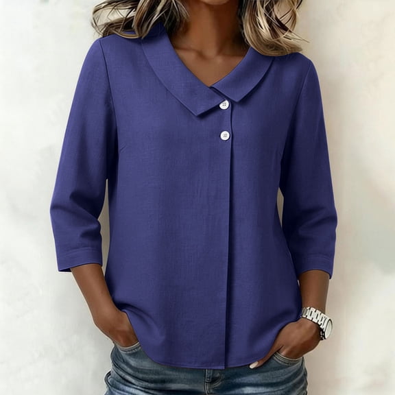 thefmos Women Plus Size Fall Spring Collared 3/4 Sleeve Button Down Blouses Dressy Casual V Neck Tunic Tops Loose Fit Solid Basic Shirts for Work Vacation, Blue L